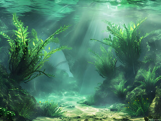 Enchanting Underwater Oasis with Vibrant Green Fauna and Sunlit Patterns - Scenic Aquatic Life Serenity Concept