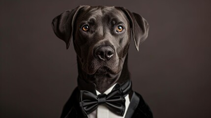 A sophisticated portrait of a dog wearing a classic black tuxedo, posed elegantly in a studio with a simple, elegant backdrop