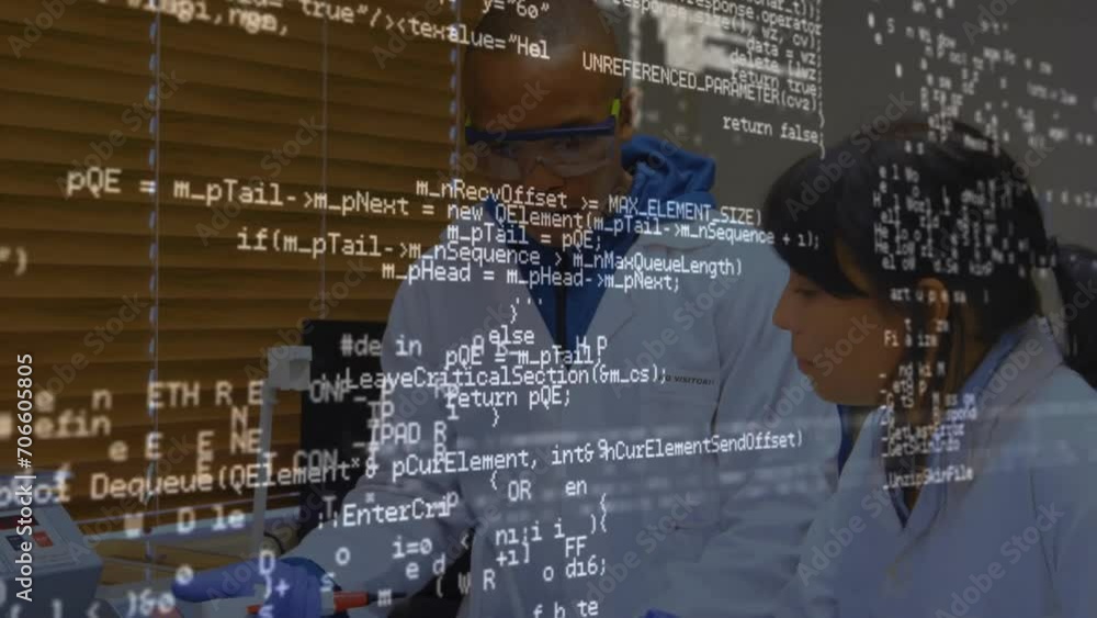 Poster animation of data processing over diverse scientists taking sample in lab