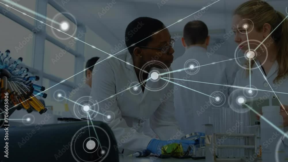 Poster animation of network of connections over diverse female scientists taking sample in lab