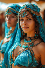 Zwei Frauen in blauen Bauchtanz-Outfits, ägyptisch, ein Sinn für Verspieltheit, Nahaufnahme