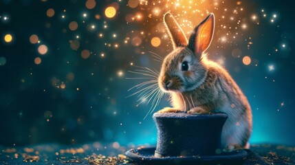 A whimsical portrait of a rabbit popping out of a magician's hat, set against a mystical, dark studio backdrop with twinkling lights - obrazy, fototapety, plakaty