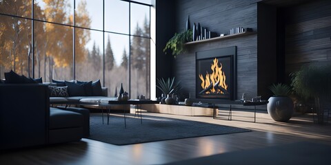 Cozy modern living room interior. Cozy house in the mountains with fireplace.