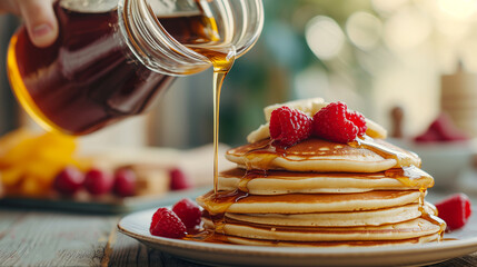 Woman pouring honey onto tasty pancakes with berries on table, closeup