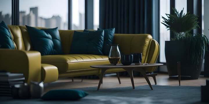 Cozy modern iving room interior. Cozy house in the city, blue and yellow sofa and pillows