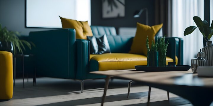 Cozy modern iving room interior. Cozy house in the city, blue and yellow sofa and pillows