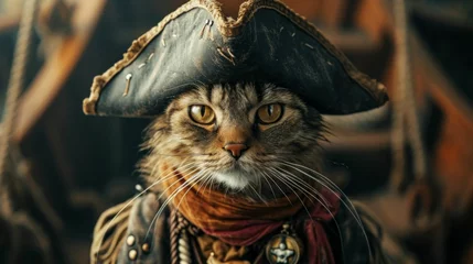 Fotobehang An amusing portrait of a cat dressed in a pirate costume, complete with a hat, against a studio backdrop resembling a ship's deck. © Kanisorn