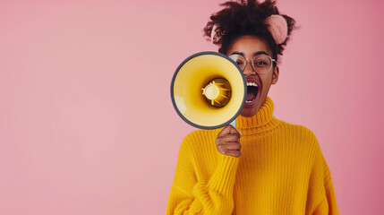 Happy woman, megaphone and speaker in advertising or marketing against a yellow studio background.