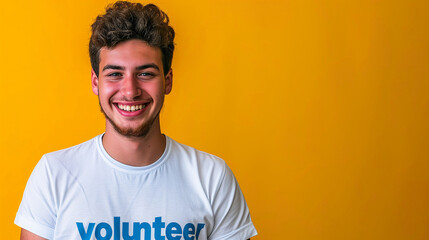 young man in white volunteer t-shirt looking aside walking going isolated on yellow background studio portrait. Voluntary free work assistance help charity grace concept