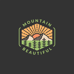 Mountain adventure outdoor badge vector illustration with monoline or line art style