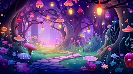 Magical fairy fantasy wood, large trees, flowers and mushrooms, late at night