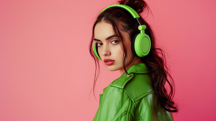 Side view young woman wearing casual green sweater headphones listen to music dance gesticulating...