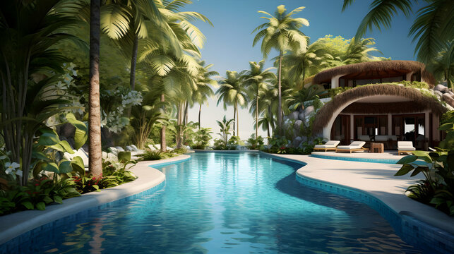 Swimming pool in a tropical resort hotel. Empty designer pool with palm trees and a bungalo, summer vacations