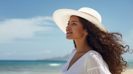 Elegant young Hispanic woman with curly hair wearing a white hat enjoying the sea breeze, Closeup