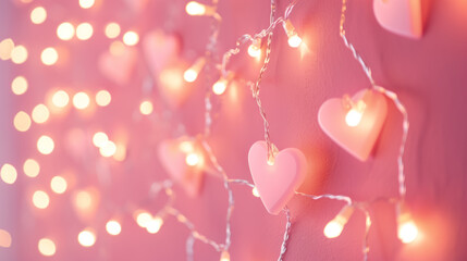 guirlande lumineuse et scintillante en forme de cœur pour la saint-valentin sur fond rose, symbole de l'amour - obrazy, fototapety, plakaty