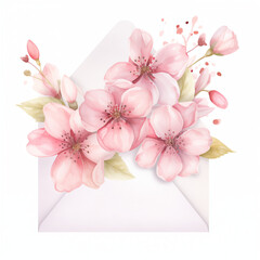Envelope with dreamy light pink flowers and leaves. Subtle watercolor style illustration. Greeting card for Valentines, Mothers day