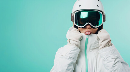 Fototapeta na wymiar Snowboarder fun woman wear ski padded jacket hold take off goggles mask show tongue wink isolated on studio background. Winter extreme sport hobby weekend trip relax concept