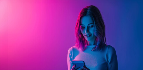 Beautiful young woman using smart phone on bright light pink background. Young igeneration, overuse, modern tech for communication, fun and leisure, AI technologies
