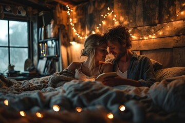 A couple of lovers in bed reading a book together. Beautiful couple spend leisure time. Light garlands on the background. Concept: love and feelings. - obrazy, fototapety, plakaty