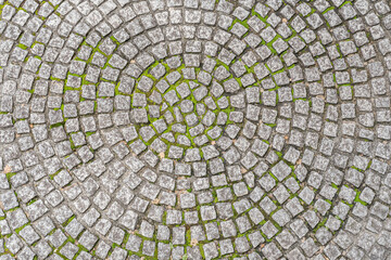 Patio pavers circle design overhead view.
Cut square stones in weathered floor with green moss.