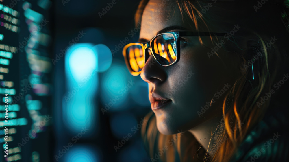 Poster close-up of a woman's face, with a focus on her eyes, which reflect a computer screen displaying dat