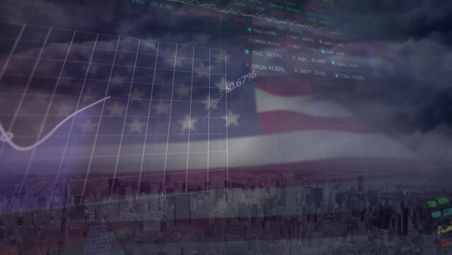 Animation of stock market and data processing over cityscape and flag of usa
