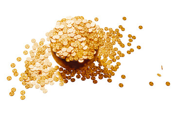 Symbol of St. Patrick's Day. Full pot with scattered gold coins. Top view 3D rendering