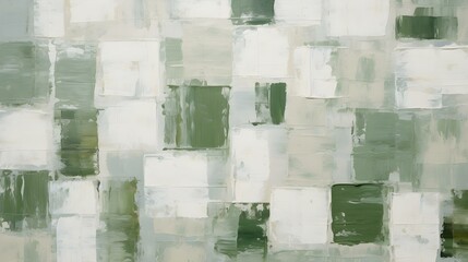 Abstract Oil Painting with overlapping Squares in white and green Colors. Artistic Background with visible Brush Strokes