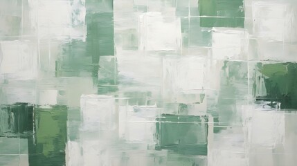 Abstract Oil Painting with overlapping Squares in white and green Colors. Artistic Background with...