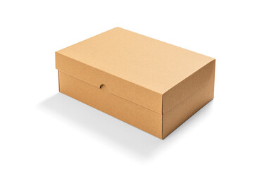 Brown cardboard shoes box with lid for shoe or sneaker product packaging mockup, isolated on white...