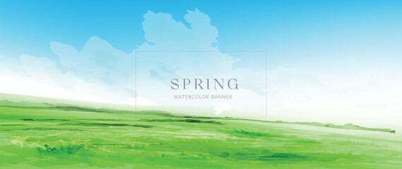 Spring watercolor. Blooming meadow. Watercolor textured vector banner. 