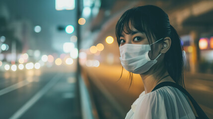 Woman wearing a mask in a city full of PM 2.5, AI Generative - obrazy, fototapety, plakaty