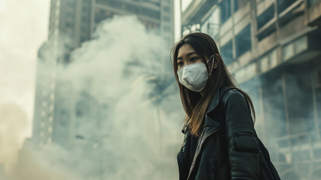 Woman wearing a mask in a city full of PM 2.5, AI Generative
