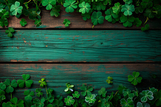 A rustic wooden background with a Saint Patrick's Day theme, adorned with numerous wooden slats.