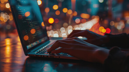 Close-up of a person's hands typing on a laptop keyboard