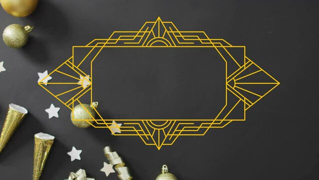Animation of yellow shapes over party decorations and stars
