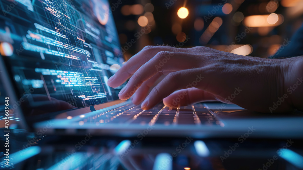 Poster close-up of a person's hands typing on a laptop keyboard, with the screen displaying futuristic digi
