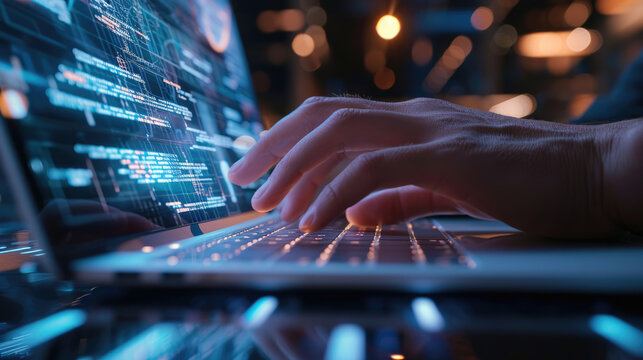 Close-up of a person's hands typing on a laptop keyboard, with the screen displaying futuristic digital data graphics