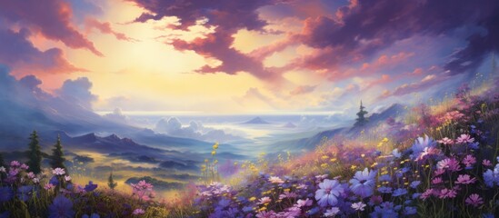 The blooming blue and purple flowers look beautiful, surrounded by nature, sky, and sun.