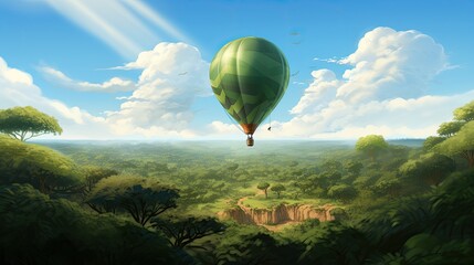 A green balloon is flying in the green mountains