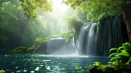 Majestic Waterfall Serenely Cascading in the Heart of a Lush Forest
