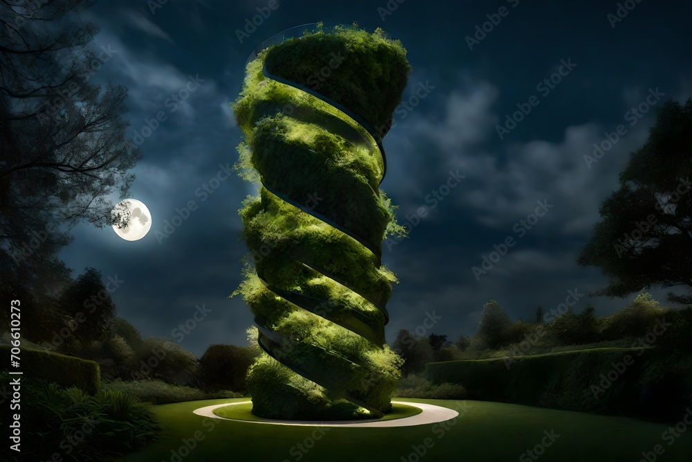 Poster a spiraling tower with intertwining greenery, creating a vertical garden, illuminated by soft moonli