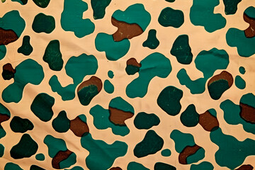 A beige-based camouflage pattern featuring green spots with brown outlines.