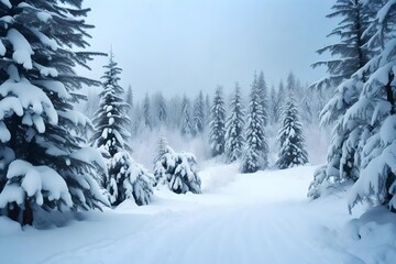 Snowfall in winter forest.Beautiful landscape with snow covered fir trees and snowdrifts.Merry Christmas and happy New Year greeting background with copy-space.Winter fairytale.  