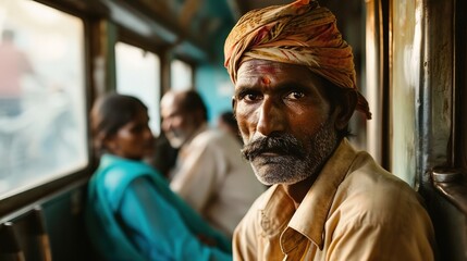An old man from East India takes a train. Created with Generative Ai technology. - obrazy, fototapety, plakaty