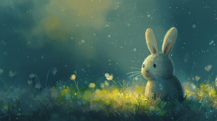Painting of a Rabbit Sitting in the Grass