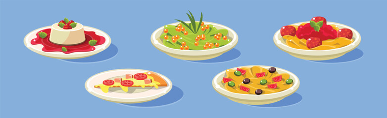 Pudding, Pizza and Pasta on Plate on Blue Background as Served Food Vector Set