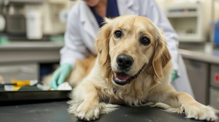 A veterinarian with a stethoscope around his neck smiling at the camera with a dog on a table.
