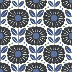 Hand drawn seamless pattern with decorative doodle flowers, repeat pattern with flowers and leaves