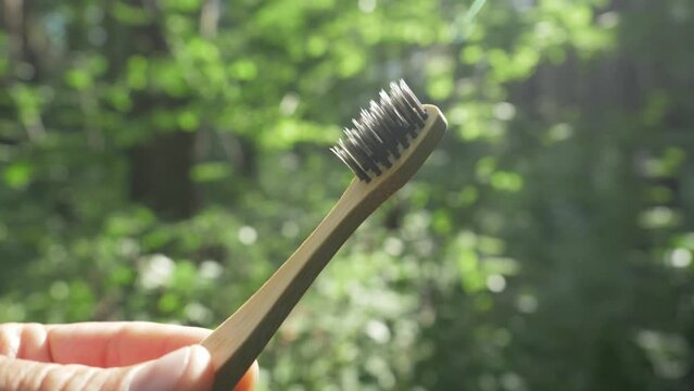 biodegradable eco-friendly natural bamboo charcoal toothbrushes. zero waste concept - bamboo tooth brush, green nature background. plastic free essentials, tooth care. sustainable lifestyle.